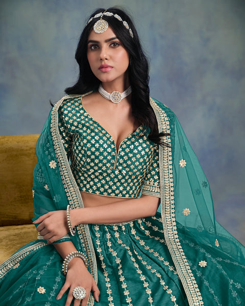 Art Silk Unstitched Zari & Sequins Work Women Green Lehenga Choli