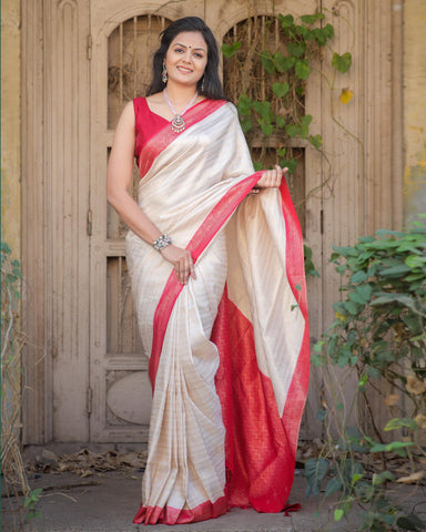 White & Red Soft Silk Saree With Red Jacquard Blouse