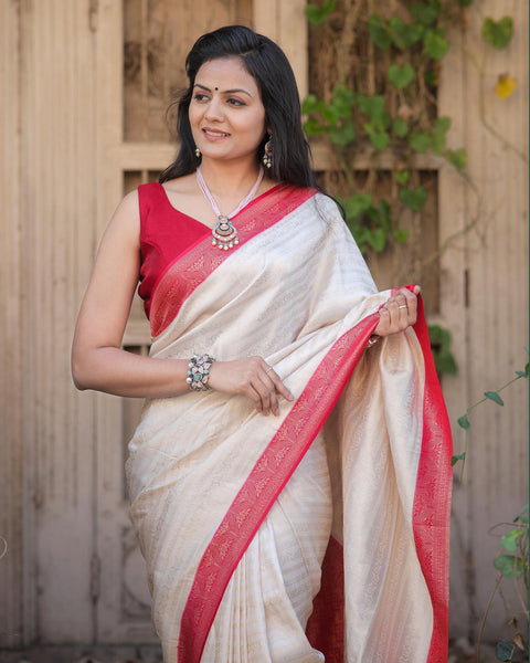 White & Red Soft Silk Saree With Red Jacquard Blouse