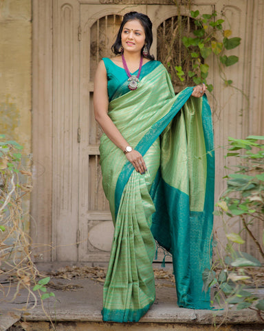 Sea Green & Turquoise Soft Silk Saree With Turquoise Jacquard Blouse
