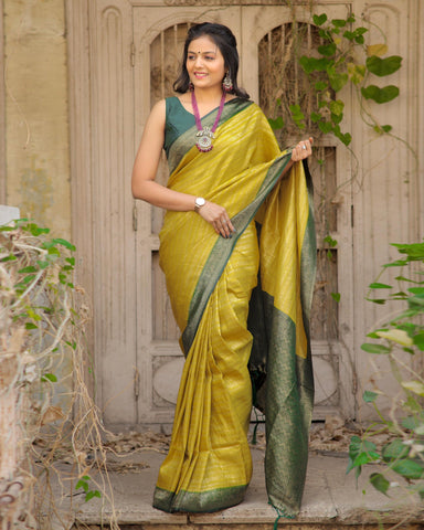 Yellow & Green Soft Silk Saree With Green Jacquard Blouse