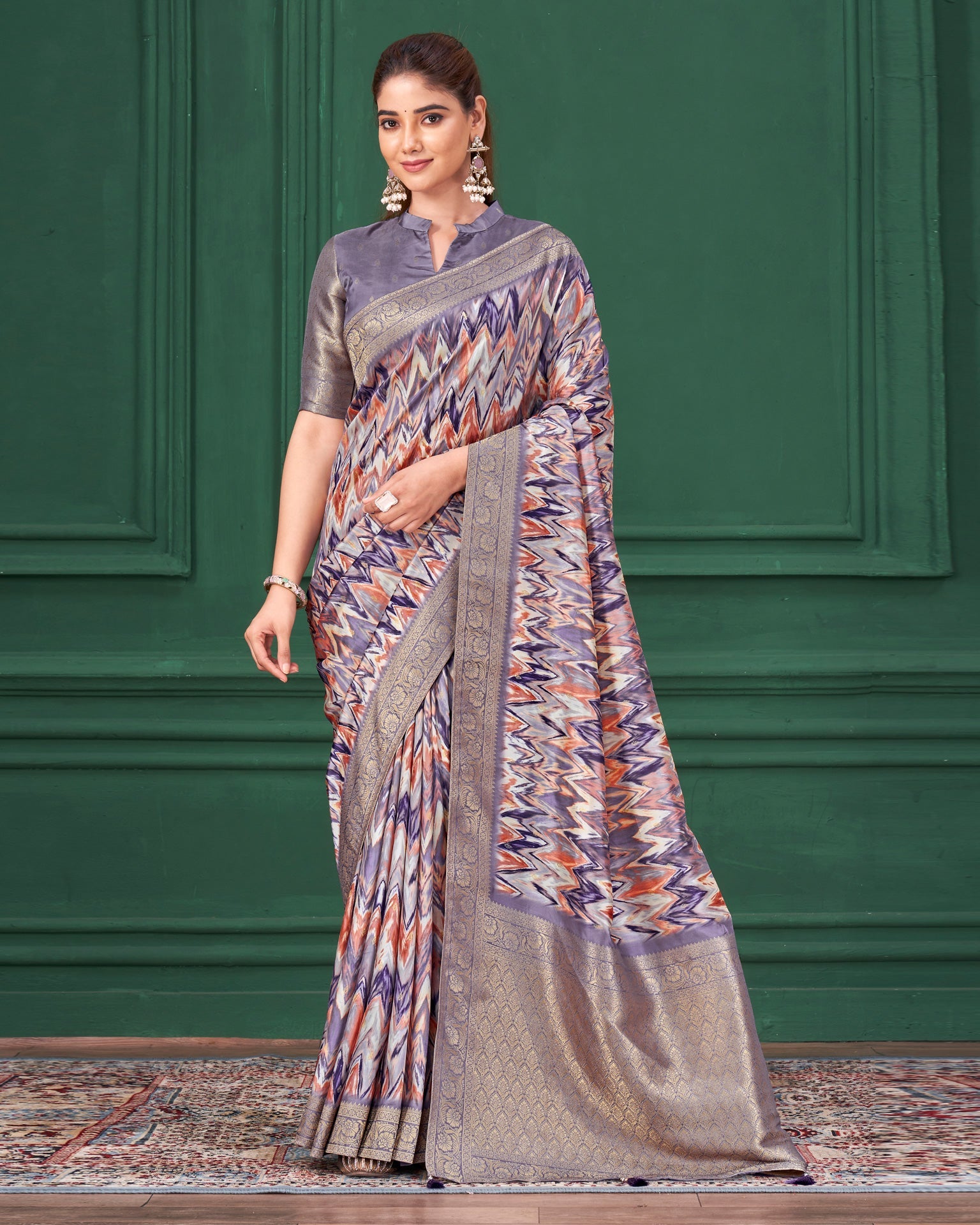 Purple Tussar Silk Jacquard Digital Print Woman Saree with Unstitched Blouse