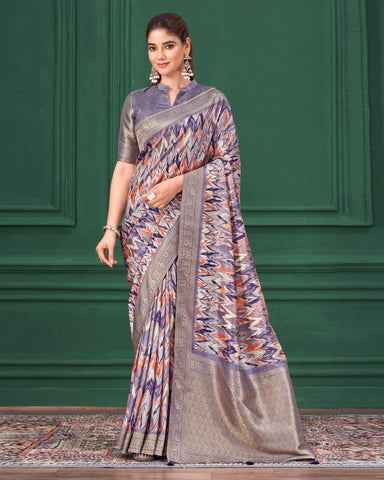 Purple Tussar Silk Jacquard Digital Print Woman Saree with Unstitched Blouse