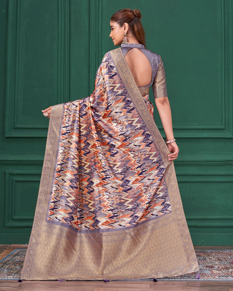 Purple Tussar Silk Jacquard Digital Print Woman Saree with Unstitched Blouse