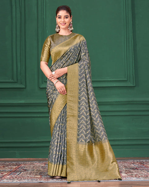 Grey Tussar Silk Jacquard Digital Print Woman Saree with Unstitched Blouse