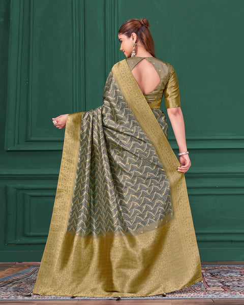 Grey Tussar Silk Jacquard Digital Print Woman Saree with Unstitched Blouse