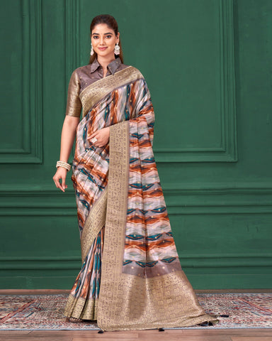 Lilac Purple Tussar Silk Jacquard Digital Print Woman Saree with Unstitched Blouse