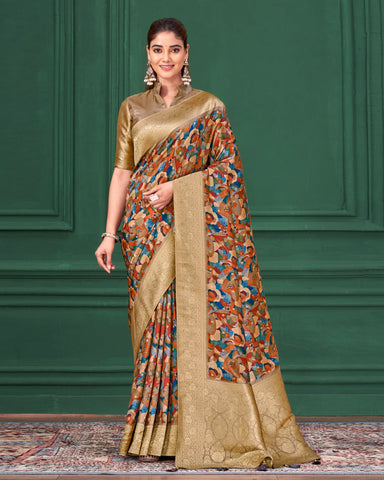 Chiku Tussar Silk Jacquard Digital Print Woman Saree with Unstitched Blouse