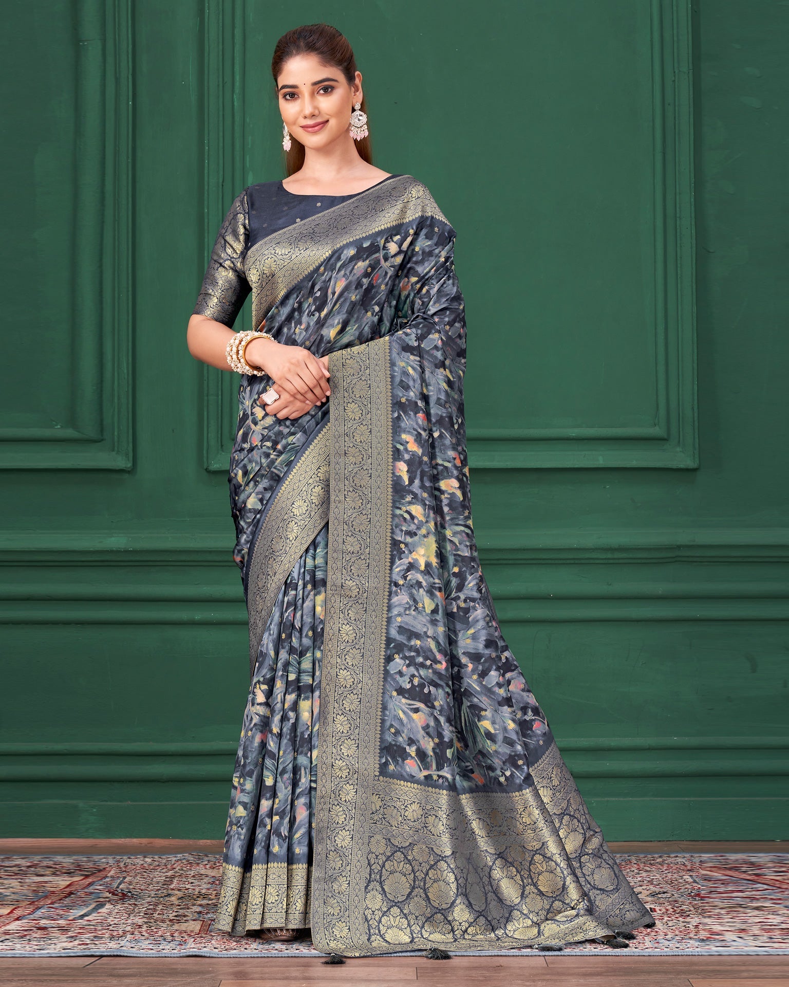 Blue Tussar Silk Jacquard Digital Print Woman Saree with Unstitched Blouse