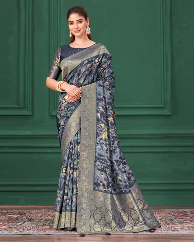 Blue Tussar Silk Jacquard Digital Print Woman Saree with Unstitched Blouse