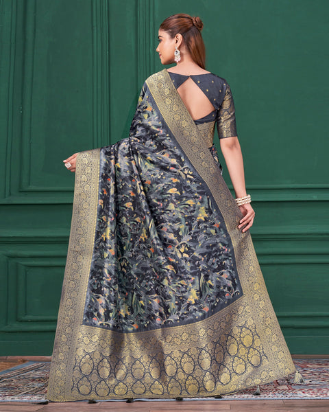 Blue Tussar Silk Jacquard Digital Print Woman Saree with Unstitched Blouse