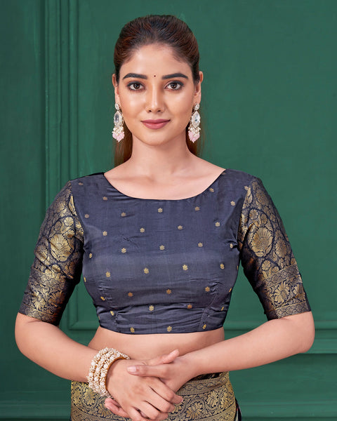 Blue Tussar Silk Jacquard Digital Print Woman Saree with Unstitched Blouse