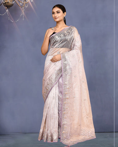 Women Lavender Organza Jacquard Silk Gota Work Saree With Banglori silk Embroidered Unstitched Blouse