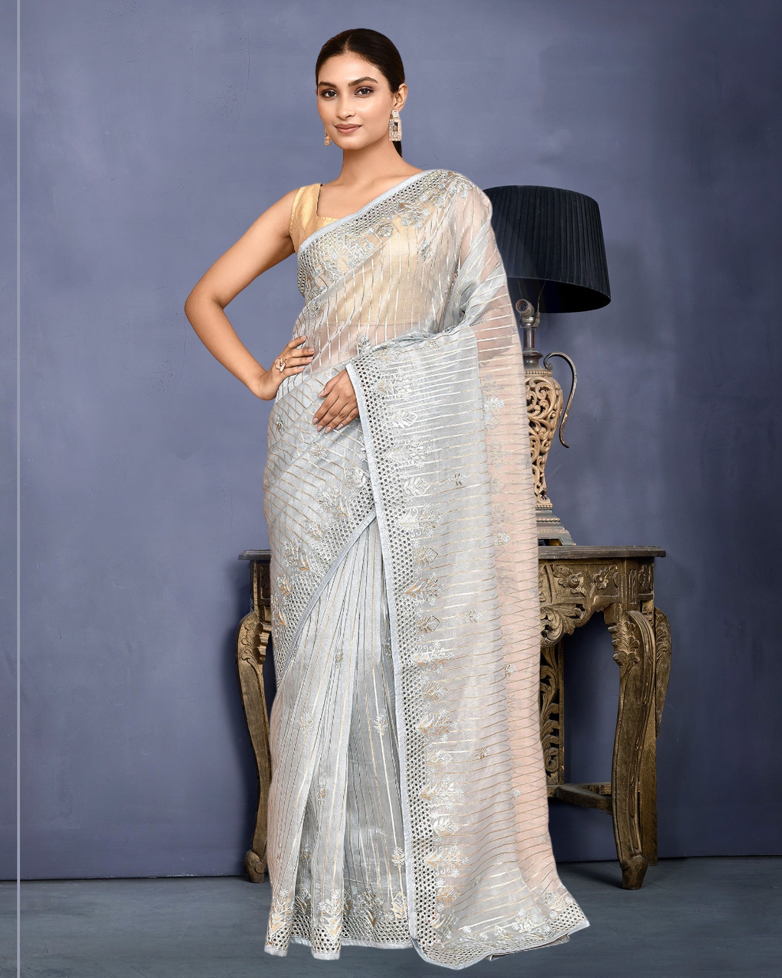 Women Sky Blue Organza Jacquard Silk Gota Work Saree With Banglori silk Embroidered Unstitched Blouse