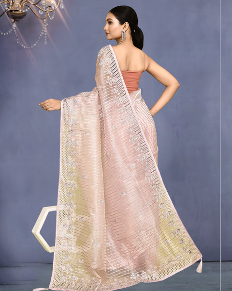 Women Pink Organza Jacquard Silk Gota Work Saree With Banglori silk Embroidered Unstitched Blouse