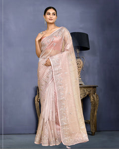 Women Pink Organza Jacquard Silk Gota Work Saree With Banglori silk Embroidered Unstitched Blouse