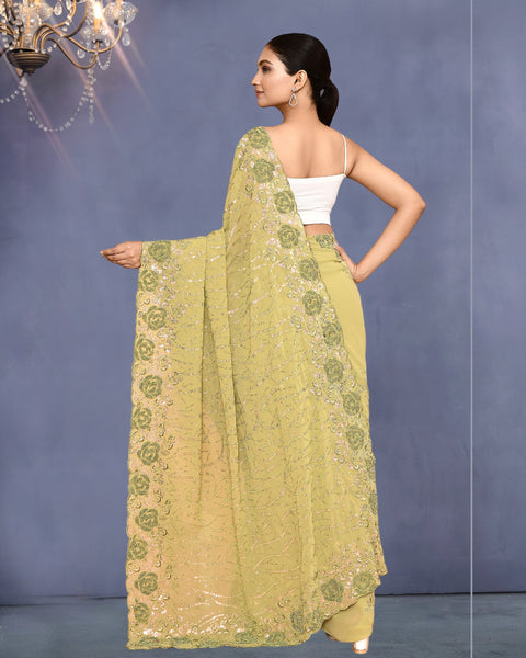 Women Green Georgette Moti & Sequins Work Saree With Green Embroidered Unstitched Blouse