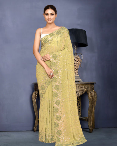 Women Green Georgette Moti & Sequins Work Saree With Green Embroidered Unstitched Blouse