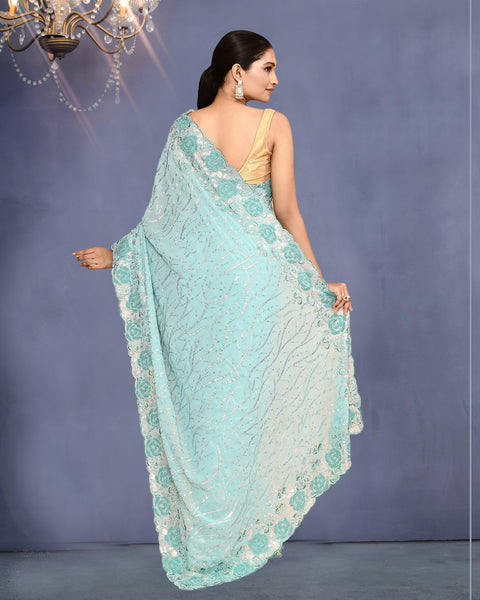 Women Blue Georgette Moti & Sequins Work Saree With Blue Embroidered Unstitched Blouse