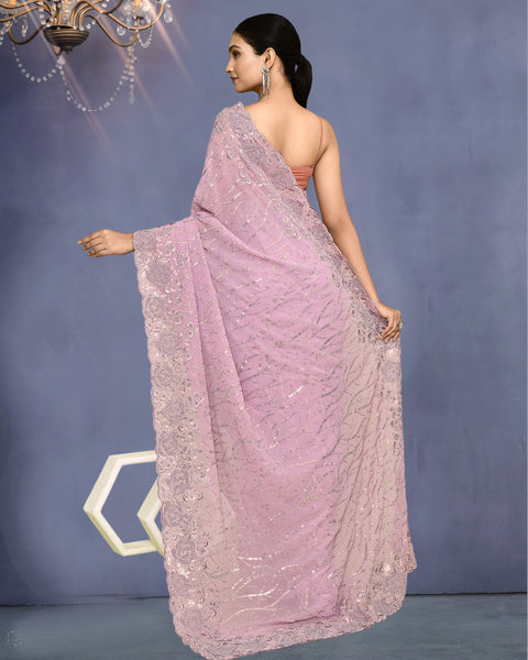 Women Lavender Georgette Moti & Sequins Work Saree With Lavender Embroidered Unstitched Blouse