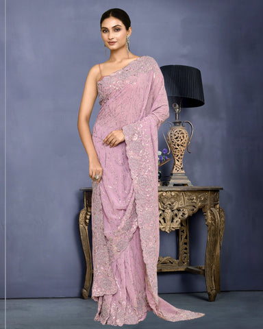 Women Lavender Georgette Moti & Sequins Work Saree With Lavender Embroidered Unstitched Blouse