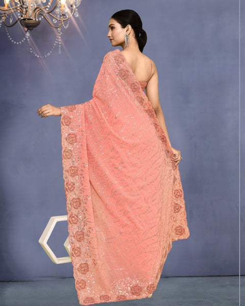 Women Peach Georgette Moti & Sequins Work Saree With Peach Embroidered Unstitched Blouse