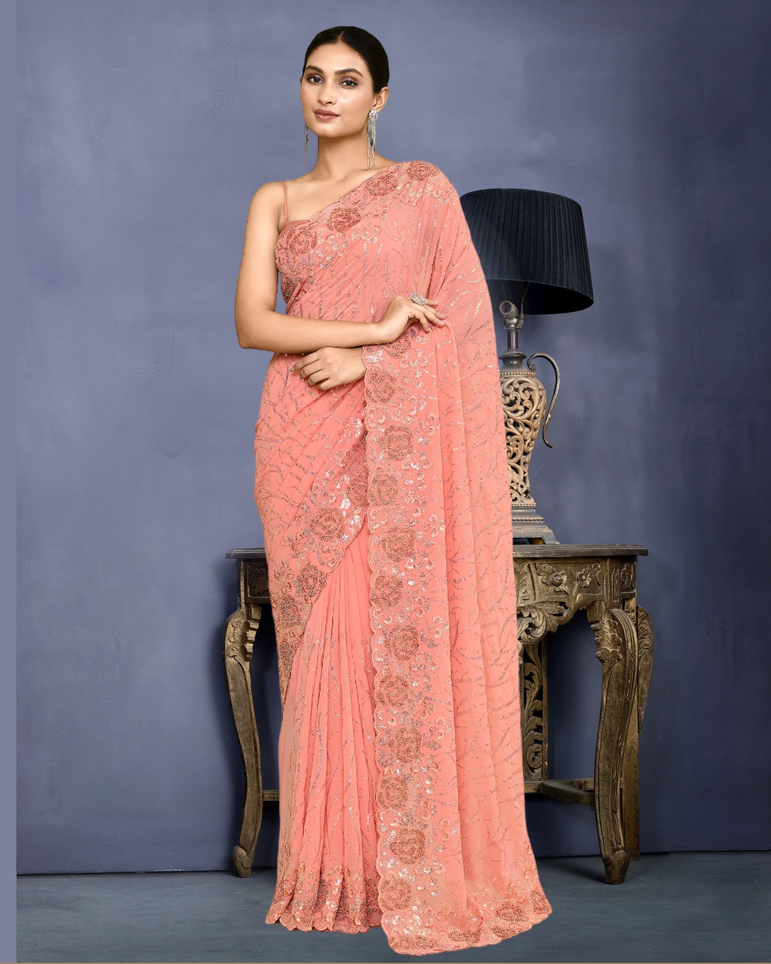 Women Peach Georgette Moti & Sequins Work Saree With Peach Embroidered Unstitched Blouse