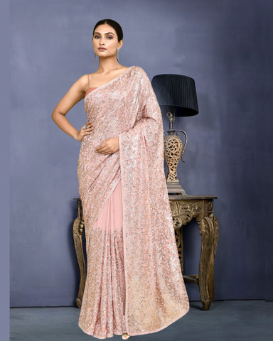 Women Light Pink Georgette Sequins Work Saree With Embroidered Unstitched Blouse