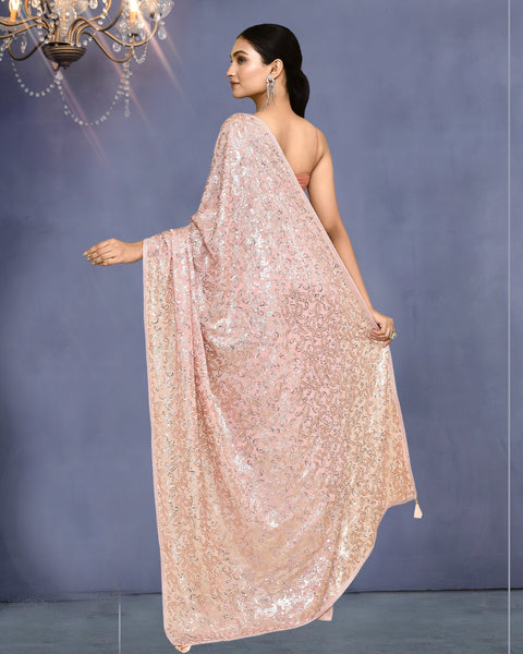 Women Light Pink Georgette Sequins Work Saree With Embroidered Unstitched Blouse