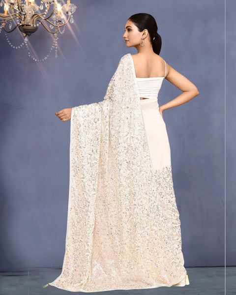 Women White Georgette Sequins Work Saree With Embroidered Unstitched Blouse