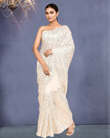 Women White Georgette Sequins Work Saree With Embroidered Unstitched Blouse