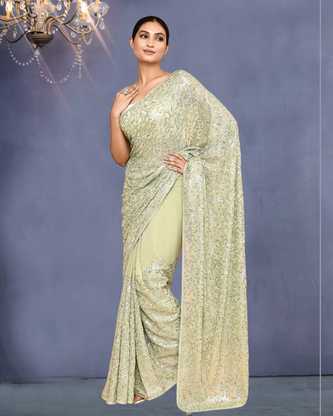 Women Green Georgette Sequins Work Saree With Embroidered Unstitched Blouse