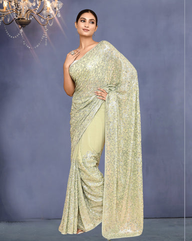 Women Green Georgette Sequins Work Saree With Embroidered Unstitched Blouse