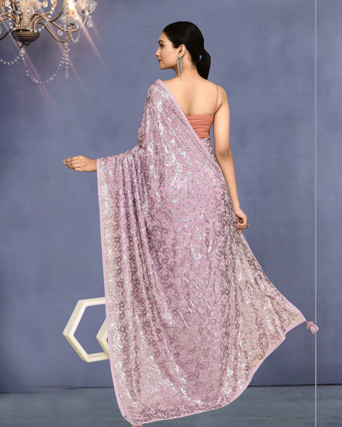 Women Lavender Georgette Sequins Work Saree With Embroidered Unstitched Blouse