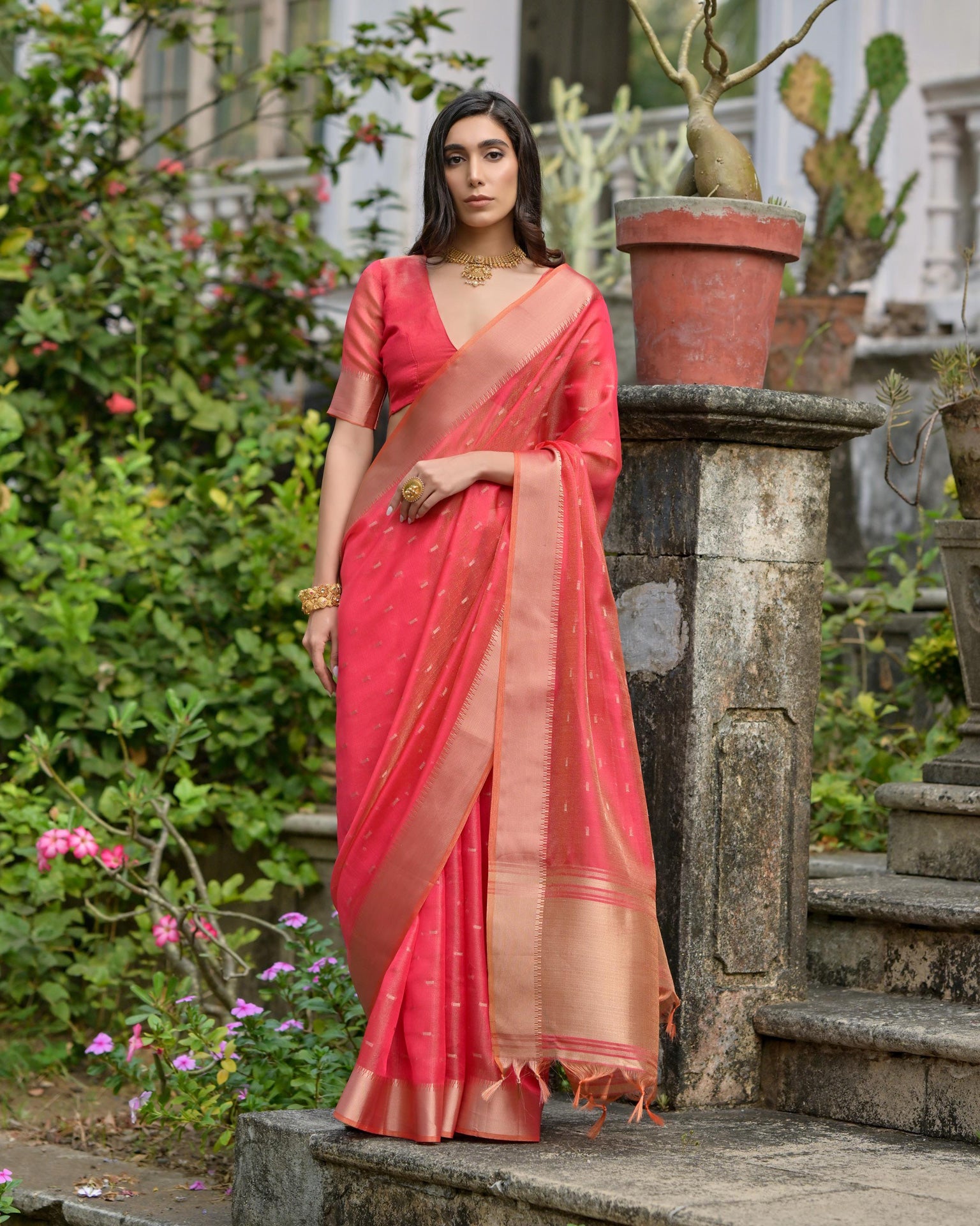 Carrot Pink Kalyani Silk Saree For Women With Unstitched Blouse