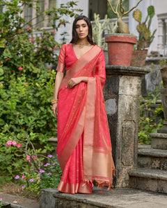 Carrot Pink Kalyani Silk Saree For Women With Unstitched Blouse