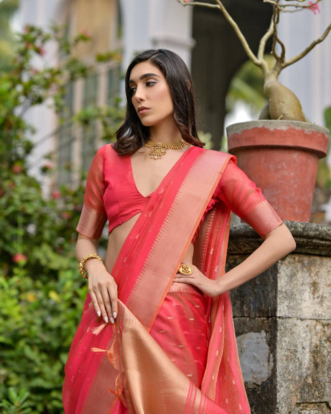 Carrot Pink Kalyani Silk Saree For Women With Unstitched Blouse