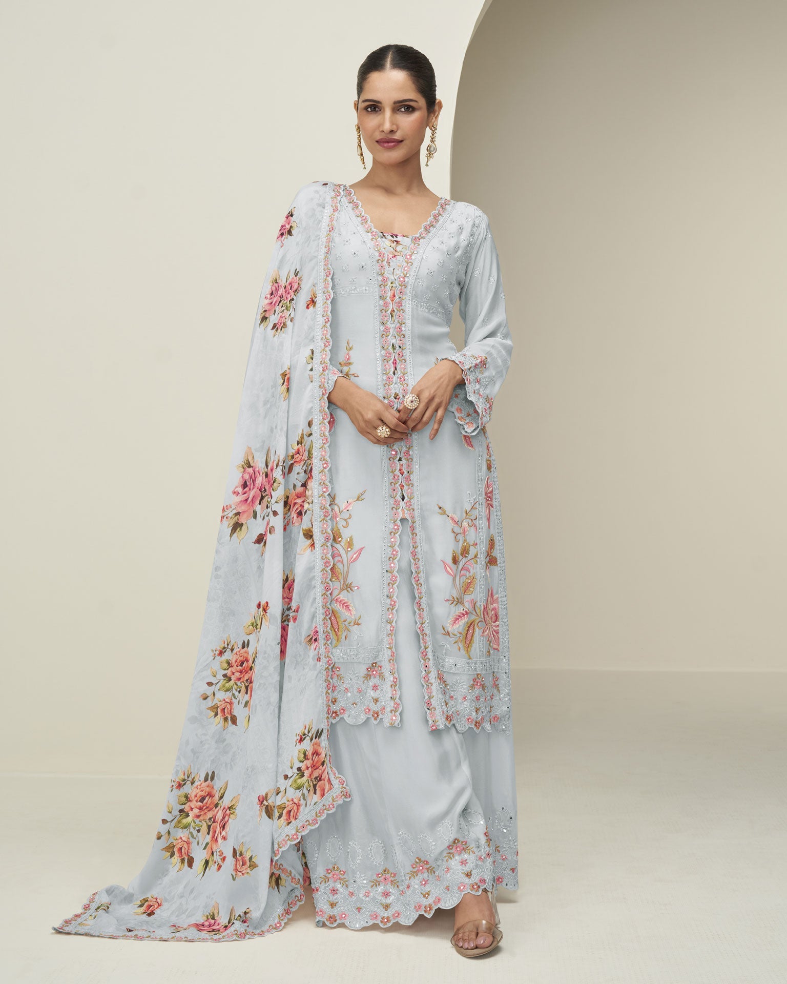 Sky Blue Chinnon Silk Readymade Woman Palazzo Suit With Printed Dupatta