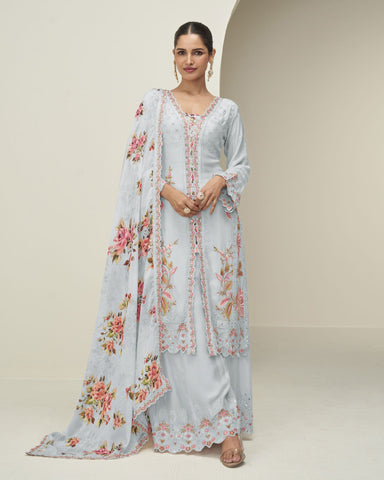 Sky Blue Chinnon Silk Readymade Woman Palazzo Suit With Printed Dupatta
