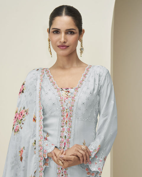 Sky Blue Chinnon Silk Readymade Woman Palazzo Suit With Printed Dupatta