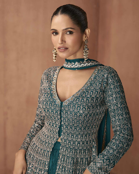 Teal Readymade A-Line Palazzo Suit For Woman In Chinnon Silk