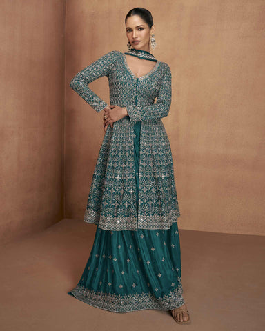Teal Readymade A-Line Palazzo Suit For Woman In Chinnon Silk