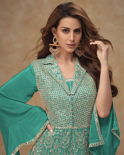 Blue Readymade CO-Ord Palazzo Suit For Woman In Chinnon Silk