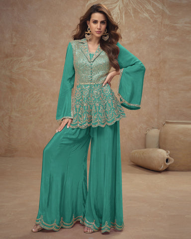 Blue Readymade CO-Ord Palazzo Suit For Woman In Chinnon Silk