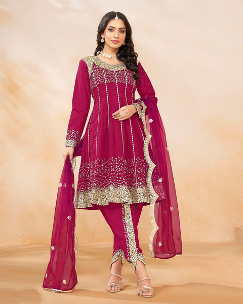 Women Pink Art Silk Sequins Work Readymade Suit With Embroidered Dhoti Salwar