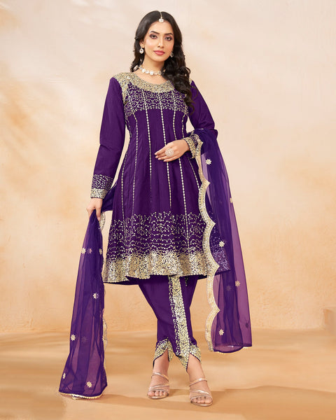 Women Purple Art Silk Sequins Work Readymade Suit With Embroidered Dhoti Salwar