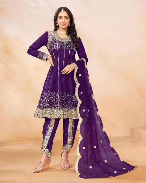 Women Purple Art Silk Sequins Work Readymade Suit With Embroidered Dhoti Salwar