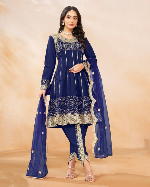 Women Blue Art Silk Sequins Work Readymade Suit With Embroidered Dhoti Salwar