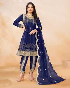 Women Blue Art Silk Sequins Work Readymade Suit With Embroidered Dhoti Salwar