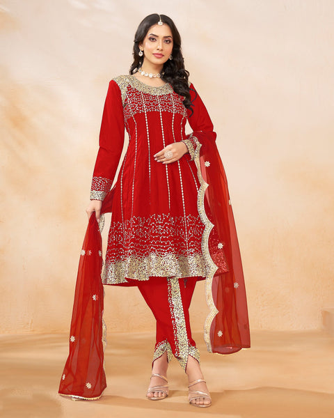 Women Red Art Silk Sequins Work Readymade Suit With Embroidered Dhoti Salwar